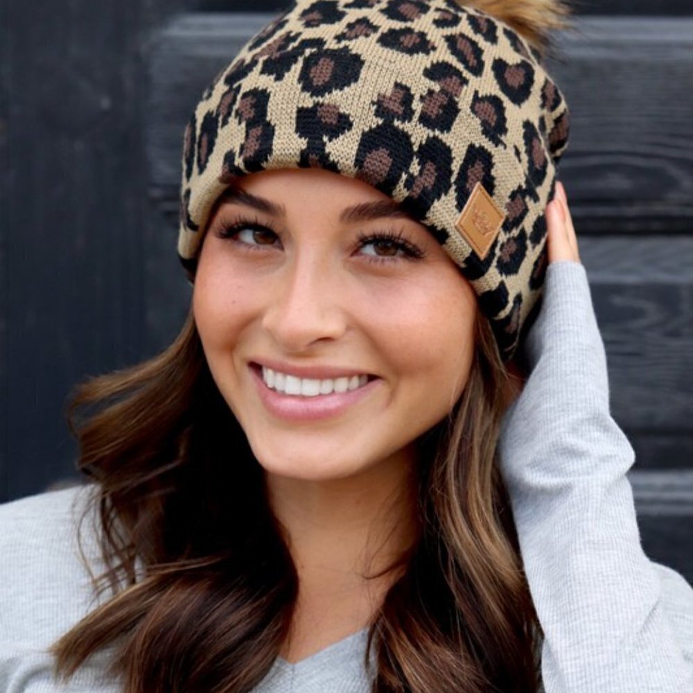 Panache Women's Leopard Knit Hat Cap Princess Crown Tag Accent Fur Pom Brown